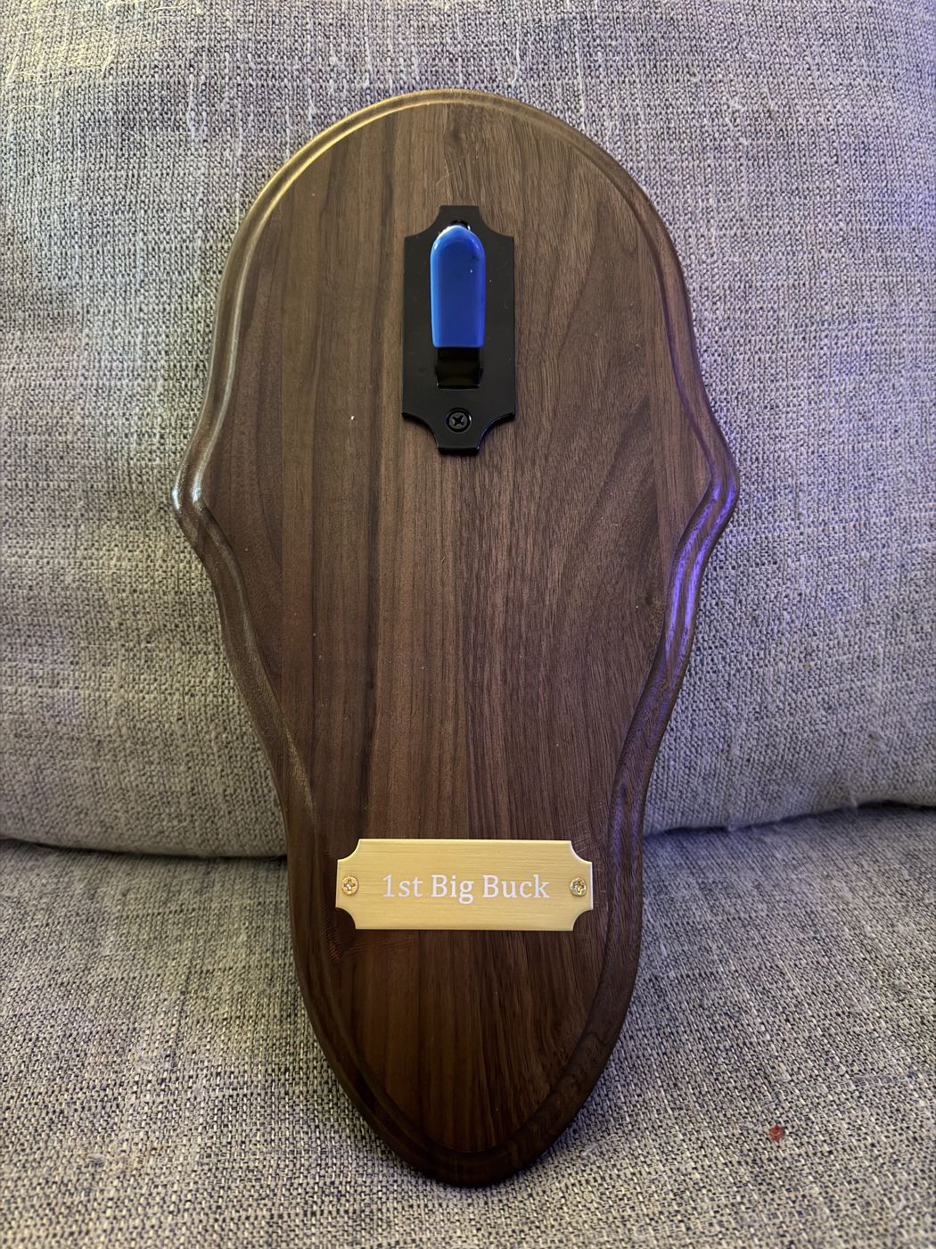 Solid walnut display plaque engraved with '1st Big Buck'